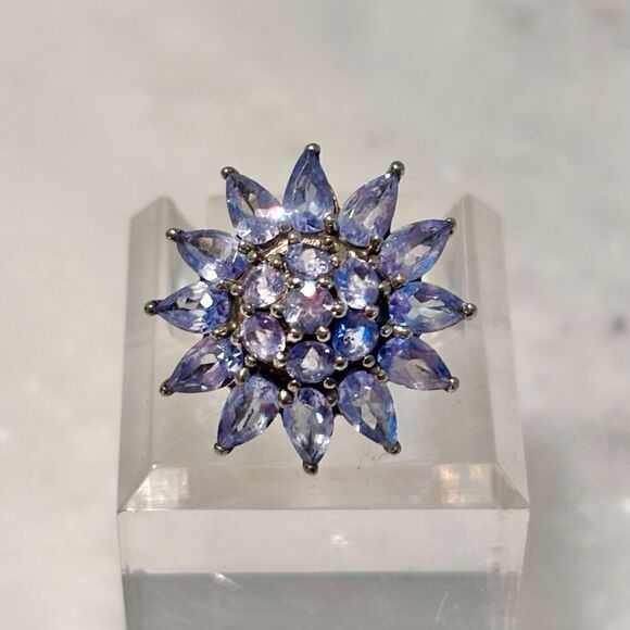Antique Sterling Silver & Tanzanite Starburst Flower Cocktail Ring Blue Sz 4.75 - Picture 3 of 5